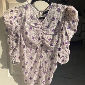 Isabel Marant Cream Blouse with Lavender Floral Print and Puff Sleeves